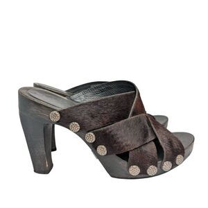 Vintage Y2K Bridget Shuster Brown calf Hair Leather Wood Platform Heel Womens 6